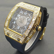 Gold Plated Tonneau Quartz Watch for Men β Unique Hollow Design with Rubber Strap β Classic tonneau-shaped case, waterproof quartz movement, and a sporty rubber strap β perfect blend of elegance & street style. Ideal for gifts or daily wear.